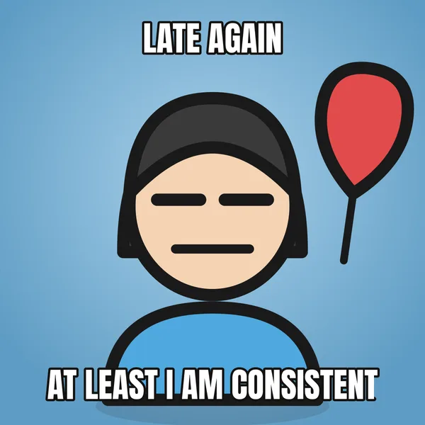 "AT LEAST I AM CONSISTENT" — illustrated woman with a balloon, belated birthday meme