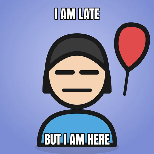 "BUT I AM HERE" — illustrated woman with a balloon, belated birthday meme