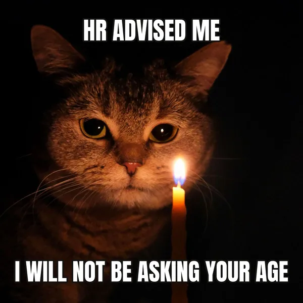 "I WILL NOT BE ASKING YOUR AGE" — cat wearing a candles, coworker birthday meme