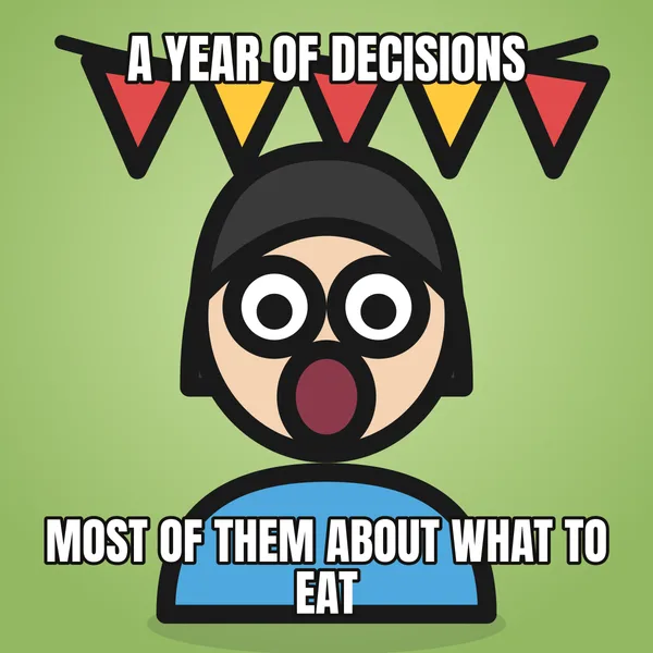 "MOST OF THEM ABOUT WHAT TO EAT" — illustrated woman with a banner, funny birthday meme