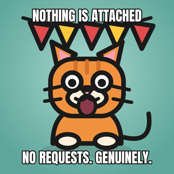 "NO REQUESTS. GENUINELY." — illustrated cat with a banner, boss birthday meme