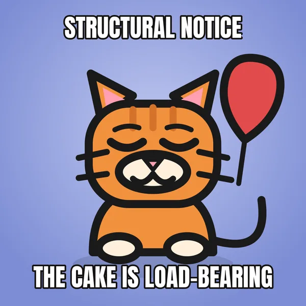 "THE CAKE IS LOAD-BEARING" — illustrated cat with a balloon, funny birthday meme