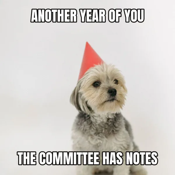 "THE COMMITTEE HAS NOTES" — dog wearing a hat, sarcastic birthday meme