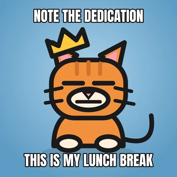"THIS IS MY LUNCH BREAK" — illustrated cat with a crown, sarcastic birthday meme