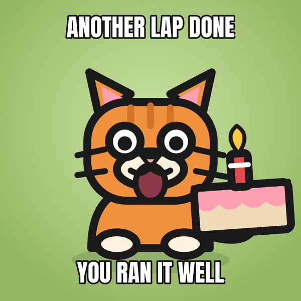 "YOU RAN IT WELL" — illustrated cat with a cake, wholesome birthday meme